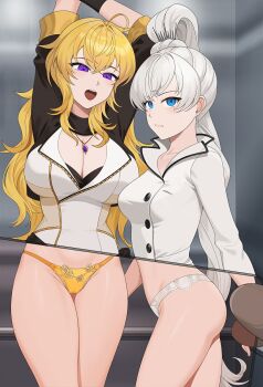 2girls ahoge arms_up belt belt_buckle black_gloves blonde_hair blue_eyes breasts brown_belt buckle cleavage closed_mouth collared_dress commentary dress earrings english_commentary gloves highres indoors jewelry large_breasts long_hair long_sleeves looking_at_viewer multiple_girls necklace open_mouth paid_reward_available panties ponytail purple_eyes rwby shirt standing sweatdrop teeth underwear upper_teeth_only wangxiii weiss_schnee white_dress white_hair white_panties white_shirt yang_xiao_long yellow_panties