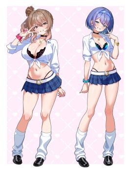 2girls bangle black_bra black_panties black_shoes blue_eyes blue_hair blue_hairband blue_skirt bra bracelet breasts brown_eyes brown_hair cevio choker cleavage collarbone full_body grin gyaru hair_between_eyes hair_bun hairband highres jewelry large_breasts long_hair looking_at_viewer loose_socks maretto multiple_girls navel necklace panties pleated_skirt satou_sasara scrunchie shirt shoes short_hair side_ponytail single_side_bun skirt sleeves_rolled_up small_breasts smile socks suzuki_tsudumi tied_shirt underwear v wavy_sidelocks white_shirt white_socks wrist_scrunchie