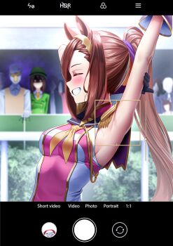 1boy 2girls absurdres animal_ears armpit_focus armpits arms_up bakushin_o_armpit_gif_(meme) black_gloves black_sailor_collar blue_archive blush breasts brown_hair closed_eyes commentary_request doodle_sensei_(blue_archive) epaulettes gloves gold_hairband grin hairband hayakawa_tazuna highres horse_ears horse_girl long_hair manjo_(warito) medium_breasts meme multiple_girls neckerchief people pink_shirt ponytail sailor_collar sakura_bakushin_o_(blossom_in_learning)_(umamusume) sakura_bakushin_o_(umamusume) sensei_(blue_archive) shirt sideboob sideways_mouth sleeveless sleeveless_shirt smile solo_focus sweat t-head_trainer_(umamusume) trainer_(umamusume) umamusume yellow_neckerchief