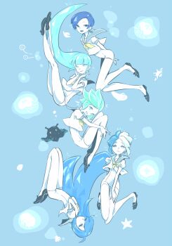 5others alexandrite_(houseki_no_kuni) alternate_costume analogous_colors androgynous aqua_eyes aqua_hair aqua_tongue bare_arms bare_legs benitoite_(houseki_no_kuni) blue_background blue_eyes blue_hair blue_sailor_collar blue_theme blue_tongue cojima colored_skin colored_tongue commentary euclase_(houseki_no_kuni) fetal_position folded full_body hemimorphite_(houseki_no_kuni) heterochromia highres houseki_no_kuni hugging_own_legs jellyfish legs_up loafers long_hair looking_at_viewer multicolored_hair multiple_others neckerchief other_focus phosphophyllite puffy_short_sleeves puffy_sleeves sailor_collar shoes short_hair short_sleeves star_(symbol) two-tone_hair upside-down white_eyes white_hair white_skin yellow_neckerchief