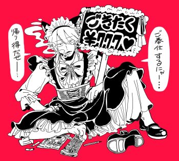 1boy animal_ears apron arisugawa_dice ascot bell blank_stare bow bowtie cat_ears cigarette cigarette_butt collared_dress commentary_request corset cross-laced_clothes cross-laced_corset crossdressing crossdressing_(mtf) dice dress expressionless fang fingernails frilled_apron frilled_hairband frilled_sleeves frills full_body gachimask gambling gem greyscale_with_colored_background hair_between_eyes hair_ornament hair_over_shoulder hairband hands_on_own_thighs hatching_(texture) highres holding holding_sign hypnosis_mic jingle_bell jitome knee_up linear_hatching long_dress maid maid_apron maid_headdress male_focus male_maid mary_janes medium_hair mouth_hold no_socks parted_lips pencil pink_background puffy_sleeves ribbon shoes sign simple_background single_shoe sitting skin_fang smoke solo speech_bubble three-quarter_sleeves toes translation_request