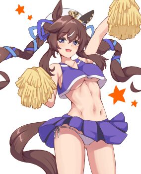 Rule 34 | 1girl, :3, absurdres, alternate costume, animal ears, blue eyes, blue ribbon, blue shirt, blue skirt, blush, breasts, brown hair, brown tail, cheerleader, clothes lift, commentary request, cowboy shot, cropped shirt, ear covers, hair ribbon, hakutaqanta, hat, highres, horse ears, horse girl, horse tail, large breasts, long hair, looking at viewer, mole, mole under eye, multicolored hair, navel, open mouth, panties, pom pom (cheerleading), ribbon, shirt, side-tie panties, sidelocks, simple background, single ear cover, skirt, skirt lift, sleeveless, sleeveless shirt, smile, solo, stomach, streaked hair, tail, thighs, twintails, umamusume, underboob, underwear, vivlos (umamusume), white background, white hat, white panties, white streaks