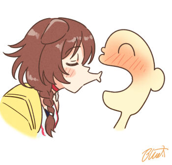 1boy 1girl ^_^ animal_ears blush braid brown_hair brown_tail buru-dai closed_eyes commentary cropped_shoulders dog_ears dog_girl hololive inugami_korone inugami_korone_(1st_costume) jacket listener_(inugami_korone) long_hair maomao_evading_jinshi&#039;s_kiss_(meme) meme puckered_lips symbol-only_commentary twin_braids virtual_youtuber yellow_jacket