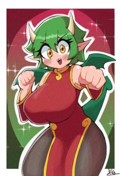 1girl bare_shoulders border breasts china_dress chinese_clothes clenched_hands draco_centauros dragon_horns dragon_tail dragon_wings dress gradient_background green_hair horns huge_breasts madou_monogatari miks381 open_mouth outline pantyhose pointy_ears puyopuyo red_dress sharp_teeth short_hair signature solo sparkle tail teeth white_border white_outline wings yellow_eyes