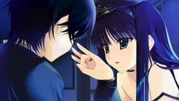 1boy 1girl aquaplus black_hair black_hat blue_eyes breasts cleavage from_behind game_cg hat kitahara_haruki long_hair looking_at_another nakamura_takeshi non-web_source official_art open_mouth school_uniform short_hair sleeping smile teasing touma_kazusa white_album_(series) white_album_2