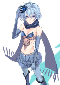 1girl arm_up bad_id bad_pixiv_id bare_shoulders bikini bikini_top_only blue_eyes blue_flower blue_gloves blue_hair blue_pantyhose blue_rose boots breasts cleavage drag-on_dragoon drag-on_dragoon_3 elbow_gloves expressionless female_focus flower gloves hair_between_eyes hair_flower hair_ornament knee_boots lace lips lolita_fashion looking_at_viewer matching_hair/eyes medium_breasts midriff miniskirt narrow_waist navel pantyhose puny_(remora0909) ribs rose scarf short_hair sideboob simple_background skirt skirt_tug solo standing swimsuit two_(drag-on_dragoon) white_background