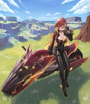 Rule 34 | 1girl, absurdres, ahoge, biker clothes, bikesuit, black bodysuit, blue sky, bodysuit, breasts, canyon, cleavage, cloud, cloudy sky, full body, genshin impact, high heels, highres, large breasts, mavuika (genshin impact), motor vehicle, motorcycle, multicolored eyes, multicolored hair, orange eyes, orange hair, red eyes, red hair, savannah, sh58765, sky, solo, sunglasses, thighs