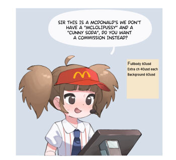 Rule 34 | 1girl, ahoge, border, brown eyes, brown hair, commentary, english text, highres, imadake dabuchi tabemi, logo, mcdonald's, necktie, nervous smile, open mouth, shirt, short sleeves, smile, solo, speech bubble, sweat, touchscreen, twintails, upper body, visor cap, white border, white shirt, yokappa (jokappa)