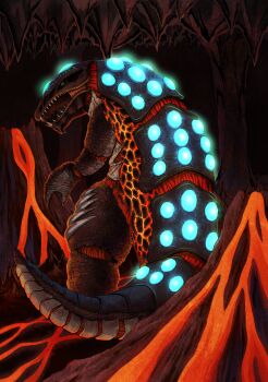 bioluminescence cave elemental_(creature) fangs fire_elemental giant giant_monster glowing green_eyes highres kaiju looking_at_viewer looking_back lava monster no_humans open_mouth original pincers segmented_tail sharp_teeth stalagmite tail teeth underground yuuki_koutarou
