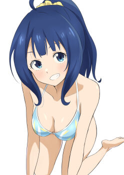 Rule 34 | 1girl, ahoge, alternate hairstyle, arm support, barefoot, bikini, blue bikini, blue eyes, blue hair, breasts, cleavage, feet, grin, highres, large breasts, legs, looking at viewer, make heroine ga oo sugiru!, medium hair, ponytail, scrunchie, sitting, smile, solo, swimsuit, teeth, thighs, yanami anna