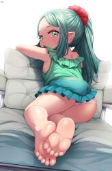 1girl aqua_eyes aqua_hair arm_rest ass bare_legs barefoot bed_sheet blush born-to-die cameltoe dress feet female_focus final_fantasy final_fantasy_xiv from_behind full_body green_dress highres lalafell loli looking_at_viewer looking_back open_mouth original panties pillow ponytail sidelocks simple_background sleeveless sleeveless_dress soles solo thighs toes underwear white_background white_panties