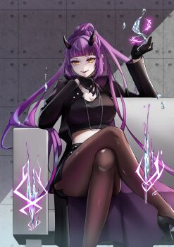 1girl absurdres alo_illustrator arm_rest black_gloves black_horns black_jacket black_shirt black_shoes black_skirt blunt_bangs breasts brown_pantyhose chain chain_necklace cleavage commentary commission concrete concrete_wall crop_top cropped_shirt crossed_legs demon_girl demon_horns english_commentary feet_out_of_frame gloves high_heels highres horns jacket jewelry large_breasts long_hair long_sleeves looking_at_viewer magic multi-source_commentary necklace open_clothes open_jacket original pantyhose ponytail purple_hair purple_lips shirt shoes sitting skeb_commission skirt solo tsubaki_(powercrasher2) yellow_eyes