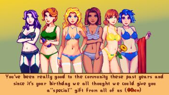 abigail_(stardew_valley) bikini emily_(stardew_valley) garter_straps haley_(stardew_valley) highres leah_(stardew_valley) maru_(stardew_valley) nipple_piercing penny_(stardew_valley) piercing sports_bra stardew_valley swimsuit thighhighs
