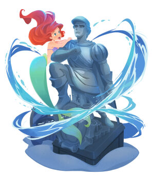 Rule 34 | 1girl, absurdres, ariel (disney), arm on another's shoulder, bare shoulders, bikini, boots, cape, commentary request, eric (disney), fins, green eyes, green tail, hand on own chest, highres, leg up, long hair, medium hair, merfolk, mermaid, mirror, monster girl, naco oekaki, open mouth, red hair, salute, sash, scroll, shell, shell bikini, simple background, solo focus, splashing, statue, swimsuit, teeth, the little mermaid (disney), upper teeth only, white background