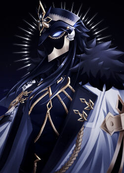 1boy absurdres armor black_fur black_hair black_helmet black_shirt cape capitano_(genshin_impact) commentary_request fur_trim genshin_impact glowing glowing_eye helmet highres long_hair male_focus profile shirt solo uouzzz upper_body white_cape