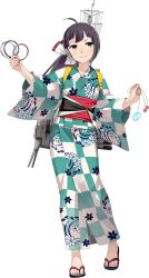 1girl adapted_turret ahoge black_hair checkered_clothes checkered_kimono commentary_request cut_bangs facing_viewer floral_print fujikawa fujinami_(kancolle) fujinami_(yukata)_(kancolle) fujinami_kai_ni_(kancolle) full_body hair_ribbon hoop japanese_clothes kantai_collection kimono machinery official_art ribbon sandals side_ponytail sideways_glance smile solo translation_request white_ribbon yellow_eyes yukata