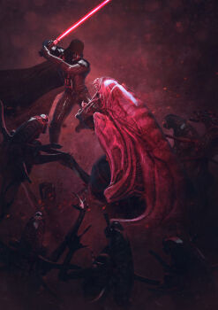 501st_legion_:_vader&#039;s_fist_vs_space_cockroaches alien_(series) alien_queen aliens_(1986) cape crossover darth_vader drooling energy_sword epic guillem_h_pongiluppi helmet highres holding holding_sword holding_weapon lightsaber open_mouth profile realistic saliva sith star_wars sword weapon xenomorph