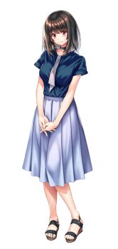 1girl amakano_2 black_choker black_shoes blouse blush breasts brown_hair brown_shoes choker closed_mouth full_body green_shirt grey_skirt kurohime_yuuhi large_breasts large_variant_set looking_at_viewer medium_hair multicolored_shoes official_art own_hands_together piromizu pleated_skirt red_eyes shirt shoes short_sleeves simple_background skirt smile solo standing tachi-e two-tone_shoes variant_set white_background