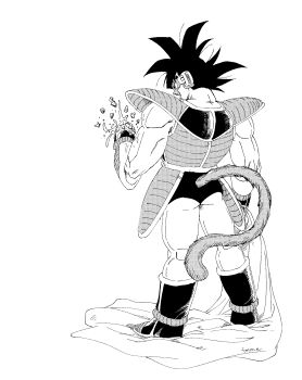 1boy clenched_hand dragon_ball dragonball_z fenyon food from_behind fruit full_body greyscale halftone highres holding holding_food holding_fruit male_focus medium_hair monkey_tail monochrome muscular muscular_male saiyan_armor scouter simple_background solo spiked_hair tail tullece white_background