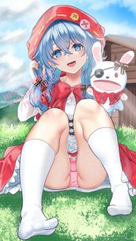 1girl adversarial_noise blue_eyes blue_hair bow bowtie cloud date_a_live dress eyepatch grass hand_puppet highres himekawa_yoshino house little_red_riding_hood_(fairy_tale) little_red_riding_hood_(fairy_tale_character) long_hair looking_at_viewer noir_(nowaru) open_mouth outdoors panties pantyshot puppet red_bow red_bowtie red_hood smile socks solo underwear white_socks