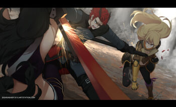1boy 2girls adam_taurus ahoge angry animal_ears asymmetrical_legwear bare_shoulders battle belt black_gloves black_hair black_pants blake_belladonna blonde_hair blue_eyes boots breasts brown_footwear brown_jacket buckle cat_ears cleavage combination_weapon commentary dishwasher1910 ember_celica_(rwby) english_commentary fighting fingerless_gauntlets fingerless_gloves fire gambol_shroud gloves gun high_heel_boots high_heels holding holding_sword holding_weapon horns jacket katana knee_boots kneehighs kusarigama large_breasts letterboxed long_hair midriff multiple_girls orange_scarf over-kneehighs pants pistol_sword puffy_short_sleeves puffy_sleeves red_eyes red_hair ribbon rwby scar scar_across_eye scar_on_face scarf shell_casing shirt short_sleeves shotgun shotgun_shell sickle single_horn sleeveless sleeveless_shirt socks spoilers strapless sword thighhighs tube_top uneven_legwear vambraces waist_cape watermark wavy_hair weapon web_address wrist_gun yang_xiao_long yellow_shirt