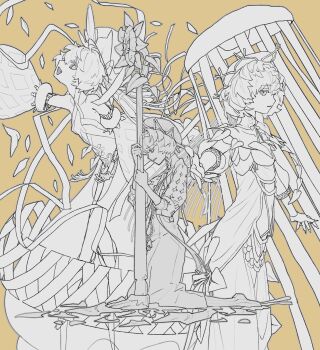 1girl absurdres argyle_clothes argyle_shirt beret bow braid closed_mouth collarbone commentary dress dress_bow fang flower full_body greyscale_with_colored_background hair_over_shoulder hat hat_ribbon highres holding kneeling long_hair long_skirt long_sleeves m_12170 multiple_views off-shoulder_dress off_shoulder open_mouth original outstretched_arm parted_lips puffy_long_sleeves puffy_sleeves ribbon shards simple_background single_braid skirt three-quarter_sleeves smile socks striped_clothes striped_socks sunflower tassel vertical-striped_clothes vertical-striped_socks yellow_background