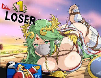 1boy 1girl 2025 absurdres arms_behind_back ass asymmetrical_legwear bdsm blush bondage bound bound_ankles bound_arms bound_breasts bound_legs bound_toes bound_torso bound_wrists box_tie breasts cleavage cloth_gag defeat dress fake_screenshot female_focus gag gagged gauntlets gold_necklace green_eyes green_hair highres hogtie improvised_gag kid_icarus king_dedede large_breasts long_hair necklace nintendo outdoors over_the_nose_gag palutena parted_bangs shibari solo_focus super_smash_bros. sweat tiedtiki variant_set white_dress