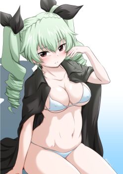 1girl anchovy_(girls_und_panzer) artist_request bikini bikini_under_clothes black_cape blush breasts cape cleavage collarbone curvy drill_hair girls_und_panzer green_hair hair_ribbon highres long_hair looking_at_viewer medium_breasts navel red_eyes ribbon simple_background sitting smile solo swimsuit thong thong_bikini twin_drills twintails white_bikini wide_hips