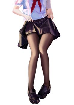 1girl bow clothes_lift head_out_of_frame highres lifting_own_clothes original pantyhose pleated_skirt school_uniform serafuku shirt_lift shoes simple_background skirt skirt_lift solo standing white_background ye_he_yue