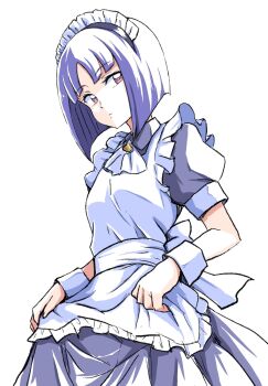 1girl alternate_costume apron ascot back_bow black_dress blue_hair bob_cut bow brown_eyes closed_mouth collared_dress commentary cowboy_shot dress enmaided expressionless frilled_apron frills highres maid maid_apron maid_headdress precure puffy_short_sleeves puffy_sleeves shiratori_yuriko short_sleeves sideways_glance simple_background skirt_hold solo standing tropical-rouge!_precure uraki white_apron white_ascot white_background white_bow wrist_cuffs