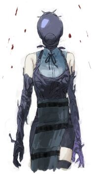 1girl apron bare_shoulders black_apron black_gloves black_ribbon black_shorts bomb_devil_(chainsaw_man) chainsaw_man collared_shirt commentary_request cowboy_shot elbow_gloves gacchankonari gloves neck_ribbon ribbon shirt shorts simple_background sleeveless sleeveless_shirt solo white_background white_shirt