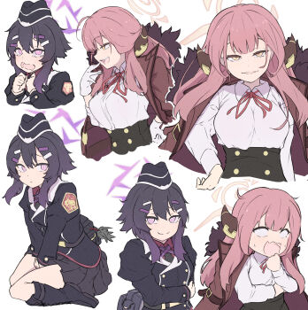 2girls aru_(blue_archive) blank_eyes blue_archive coat coat_on_shoulders collared_shirt commentary_request demon_horns garrison_cap gloves halo hand_on_own_hip haruka_(blue_archive) hat highres horns konntena long_hair long_sleeves looking_at_viewer multiple_girls multiple_views open_mouth pink_hair purple_eyes purple_hair purple_halo shirt simple_background smile white_background white_gloves white_shirt yellow_eyes