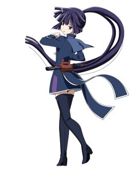 Rule 34 | 1girl, akatsuki (log horizon), black boots, blue dress, boots, dancing, derivative work, dress, female focus, floating hair, full body, high heel boots, high heels, high ponytail, log horizon, log horizon new adventure land, long hair, looking back, official art, parted lips, ponytail, purple eyes, purple hair, round table concil uniform, sheath, sheathed, short dress, short sword, solo, sword, thigh boots, thighhighs, transparent background, very long hair, weapon, zettai ryouiki