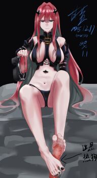 1girl absurdres anger_vein baobhan_sith_(fate) barefoot fate/grand_order fate_(series) feet gan_huang grey_eyes highres holding holding_shoes holding_unworn_clothes hot_dog long_hair parted_lips red_hair sexually_suggestive shoes soles toes translated unworn_shoes