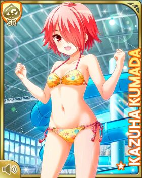 1girl bikini card_(medium) character_name collarbone day flower girlfriend_(kari) hair_flower hair_ornament indoor_pool indoors kumada_kazuha looking_at_viewer matching_hair/eyes midriff official_art open_mouth pool poolside qp:flapper red_eyes red_hair short_hair smile swimsuit tagme yellow_bikini