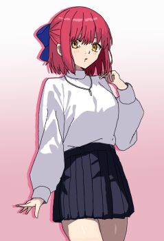 alternate_costume arcueid_brunestud arcueid_brunestud_(cosplay) blue_bow bow breasts commentary cosplay d8282not english_commentary hair_bow highres kohaku_(tsukihime) long_sleeves looking_at_viewer red_hair short_hair skirt sweater tsukihime tsukihime_(remake) turtleneck white_sweater yellow_eyes