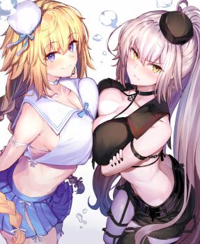 2girls arm_strap black_collar black_headwear black_nails black_shorts blonde_hair blue_eyes blue_skirt blush breast_press breasts butt_crack choker cleavage collar commentary_request crossed_legs docking fate/grand_order fate_(series) from_above grey_hair highres jeanne_d'arc_(fate) jeanne_d'arc_(mystery_treasure)_(fate) jeanne_d'arc_alter_(fate) jeanne_d'arc_alter_(mystery_treasure)_(fate) jeanne_d'arc_alter_(swimsuit_berserker)_(fate) large_breasts long_hair looking_at_viewer looking_up miniskirt multiple_girls nail_polish ninoude_(ninoude44) pleated_skirt ponytail short_shorts shorts skirt smile symmetrical_docking thigh_strap white_background white_choker white_headwear yellow_eyes