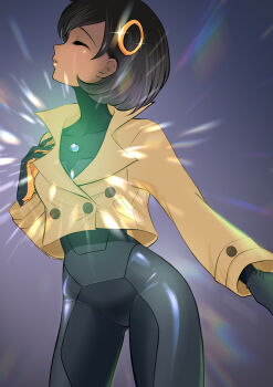 1girl black_bodysuit black_gloves black_hair bodysuit bodysuit_under_clothes breasts brown_jacket closed_eyes commentary_request cowboy_shot dark-skinned_female dark_skin emma_(pokemon) gloves glowing hair_between_eyes hair_ornament hand_on_own_chest highres jacket latex latex_bodysuit long_sleeves maskmaya1 mega_stone nintendo orange_gloves parted_lips pokemon pokemon_legends:_z-a profile short_hair sidelocks simple_background skin_tight small_breasts solo standing swept_bangs two-tone_gloves