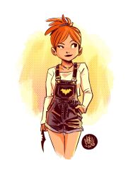 Rule 34 | 1girl, animal print, artist request, bat print, batarang, batgirl, batman (series), closed mouth, commentary, dc comics, english commentary, highres, insignia, mikemaihack, official art, orange hair, overalls, red hair, shorts, simple background, sketch, smile, solo, white background