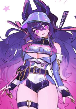 1girl animal_ear_fluff animal_ears belt belt_pouch black_belt breasts cleavage commentary commission detached_sleeves fingerless_gloves gloves gradient_hair hair_between_eyes heart heart_o-ring highres multicolored_hair o-ring o-ring_thigh_strap original parted_lips pouch purple_eyes purple_hair skeb_commission solo soreeyu_(sore-yu) standing star_(symbol) thigh_belt thigh_strap visor_cap