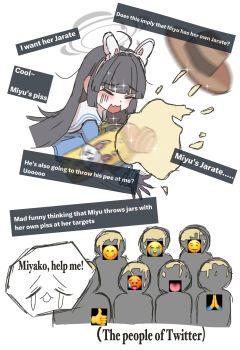 1girl 6+others ayo5108 blue_archive closed_eyes crying crying_emoji emoji english_text flask halo hat highres jarate meme miyu_(blue_archive) multiple_others pee pee_in_container praying_emoji sniper_(tf2) team_fortress_2 throwing tongue tongue_out uohhhhhhhhh!_(meme)