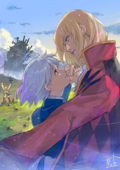1girl 2boys absurdres arms_up blonde_hair blue_eyes blue_sky brown_hair child closed_mouth cloud day diamond_(shape) dog earrings field grass grey_hair hand_grab heen high_collar highres howl_no_ugoku_shiro howl_pendragon jacket jewelry kakashi_no_kabu kyuuba_melo long_sleeves looking_at_another looking_down looking_up markl medium_hair mountain multiple_boys nature open_clothes open_jacket outdoors parted_lips rock short_hair signature sky sophie_hatter_(howl_no_ugoku_shiro) standing witch_of_the_waste