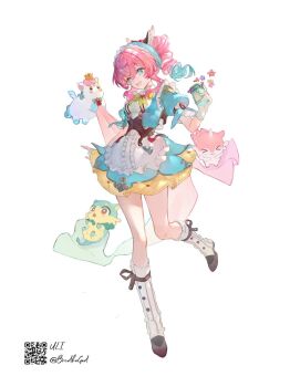 1girl :d alternate_costume apron aqua_eyes artist_name bow chimera_(honkai:_star_rail) commentary crown dress drill_hair flower frills full_body gradient_hair headband highres honkai:_star_rail honkai_(series) hyacine_(honkai:_star_rail) little_ica_(honkai:_star_rail) looking_at_viewer mini_crown multicolored_hair open_mouth pegasus pink_hair puffy_short_sleeves puffy_sleeves shoes short_sleeves smile uli_(bredkgod) white_background