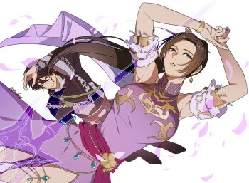 1boy 1girl armpits arms_behind_head black_hair bracelet breasts brown_hair china_dress chinese_clothes detached_sleeves diaochan_(shin_sangoku_musou) dress earrings green_eyes hair_between_eyes highres igusaharu jewelry large_breasts long_hair parted_bangs parted_lips ponytail purple_dress sash shin_sangoku_musou shin_sangoku_musou_origins twitter_username upper_body waist_sash white_background wide_sleeves ziluan_(shin_sangoku_musou)