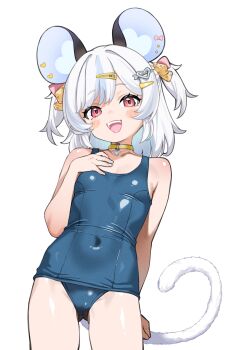 1girl :d absurdres animal_ear_piercing animal_ears arm_behind_back blue_hair blue_one-piece_swimsuit cheese_hair_ornament choker collarbone commission covered_navel cowboy_shot flat_chest food-themed_hair_ornament hair_ornament hairclip heart heart_hair_ornament highres indie_virtual_youtuber itinana looking_at_viewer medium_hair mouse_ears mouse_girl mouse_tail multicolored_hair nemimi_yane one-piece_swimsuit open_mouth pink_eyes school_swimsuit second-party_source skeb_commission smile solo streaked_hair swimsuit tail teeth two-tone_hair two_side_up upper_teeth_only variant_set virtual_youtuber white_background white_hair yellow_choker