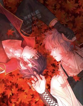 2boys aged_down autumn_leaves black_gloves black_hair black_jacket black_shirt commentary_request eye_contact fingerless_gloves gintama gloves green_eyes grey_hair headband jacket japanese_clothes kimono kota_tw00 leaf long_sleeves looking_at_another lying male_focus maple_leaf messy_hair multiple_boys official_alternate_costume on_back popped_collar red_eyes sakata_gintoki shirt short_hair takasugi_shinsuke white_headband white_kimono yaoi