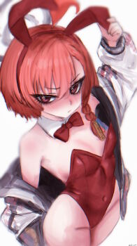 1girl absurdres animal_ears autreeyah black_halo blue_archive blush bow bowtie closed_mouth cowboy_shot detached_collar fake_animal_ears halo highres jacket leotard long_hair long_sleeves looking_at_viewer neru_(blue_archive) neru_(bunny)_(blue_archive) orange_hair playboy_bunny rabbit_ears red_bow red_bowtie red_eyes red_leotard simple_background solo white_background white_jacket