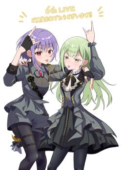 2girls arm_up bang_dream! bang_dream!_it&#039;s_mygo!!!!! black_gloves black_pantyhose brooch commentary_request dress fingerless_gloves gloves green_hair grey_dress grey_shorts hand_on_another&#039;s_shoulder highres jewelry long_hair multiple_girls pantyhose pantyhose_under_shorts pink_eyes purple_hair short_hair shorts shourai simple_background three-quarter_sleeves tongue tongue_out translation_request wakaba_mutsumi white_background yellow_eyes yuutenji_nyamu