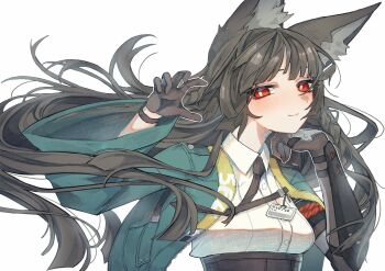 Rule 34 | 1girl, animal ear fluff, animal ears, aqua jacket, arm out of sleeve, arm up, black gloves, black hair, black necktie, black skirt, blunt bangs, blush, breasts, closed mouth, commentary request, czc9q2, fox ears, fox girl, gauntlets, gloves, high-waist skirt, highres, hoshimi miyabi, id card, jacket, long hair, looking at viewer, medium breasts, necktie, red eyes, simple background, single gauntlet, single glove, skirt, smile, solo, upper body, white background, zenless zone zero