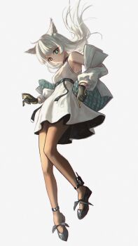 Rule 34 | 1girl, absurdres, ahoge, animal ears, aqua eyes, aqua jacket, arknights, arknights: endfield, bare shoulders, black dress, black gloves, black shoes, bright pupils, brown pantyhose, commentary, dress, full body, gloves, highres, jacket, long hair, looking at viewer, mrsillust, multicolored gloves, multicolored jacket, open clothes, open jacket, pantyhose, parted lips, perlica (arknights), shoes, simple background, sleeveless, sleeveless dress, two-tone dress, two-tone gloves, two-tone jacket, white background, white dress, white hair, white jacket, white pupils, yellow gloves